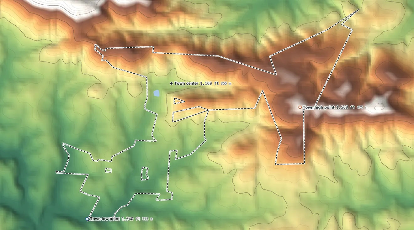 Topographic elevation map of Love Valley, North Carolina, shaded from 1,040 ft on the southwest side to 1,560 ft on the east side