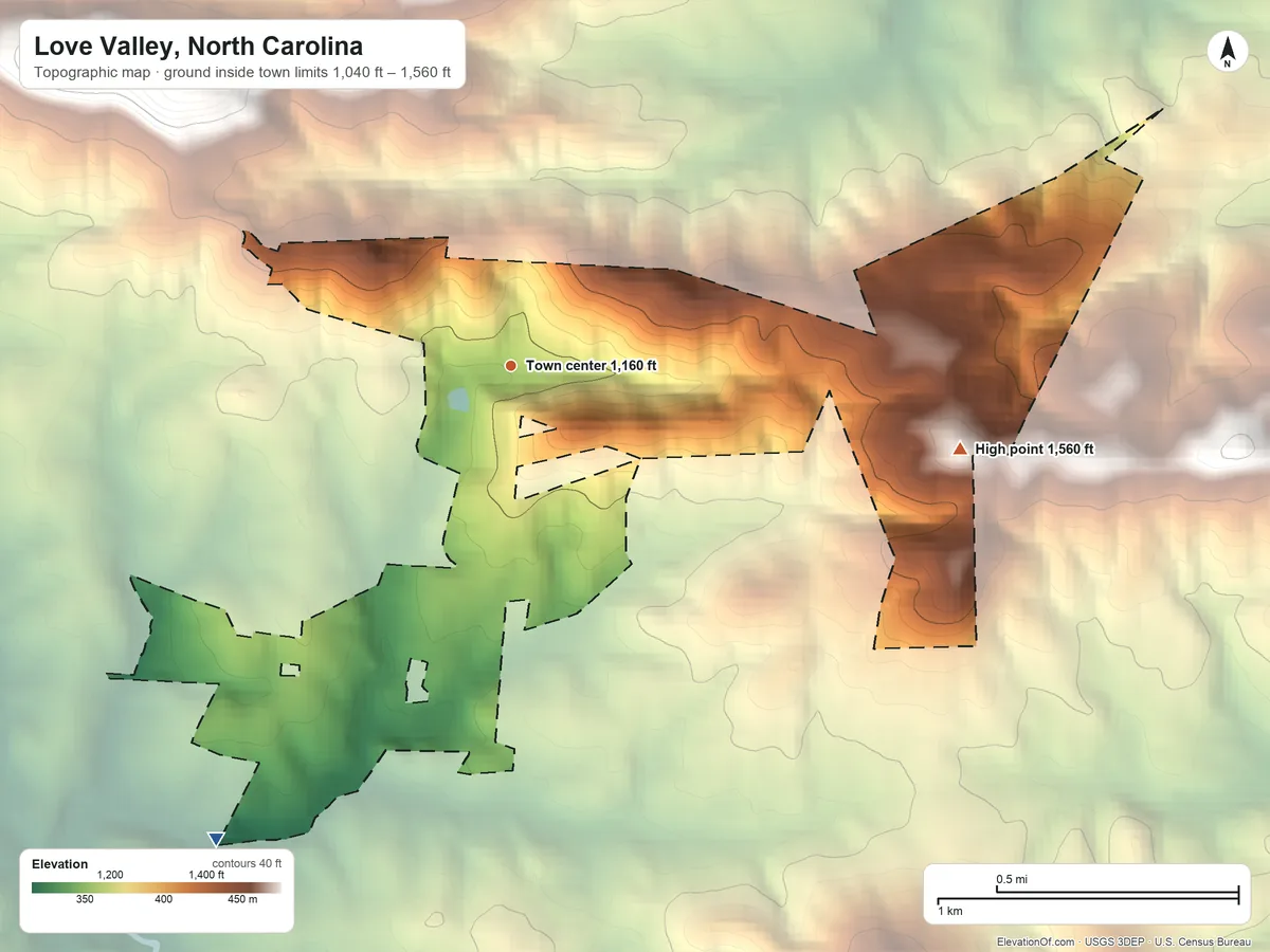 Topographic elevation map of Love Valley, North Carolina, shaded from 1,040 ft on the southwest side to 1,560 ft on the east side