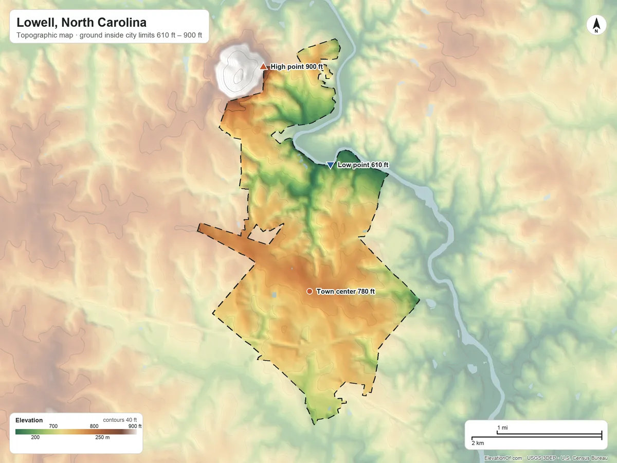 Topographic elevation map of Lowell, North Carolina, shaded from 610 ft on the north side to 900 ft on the north edge, below higher ground just outside