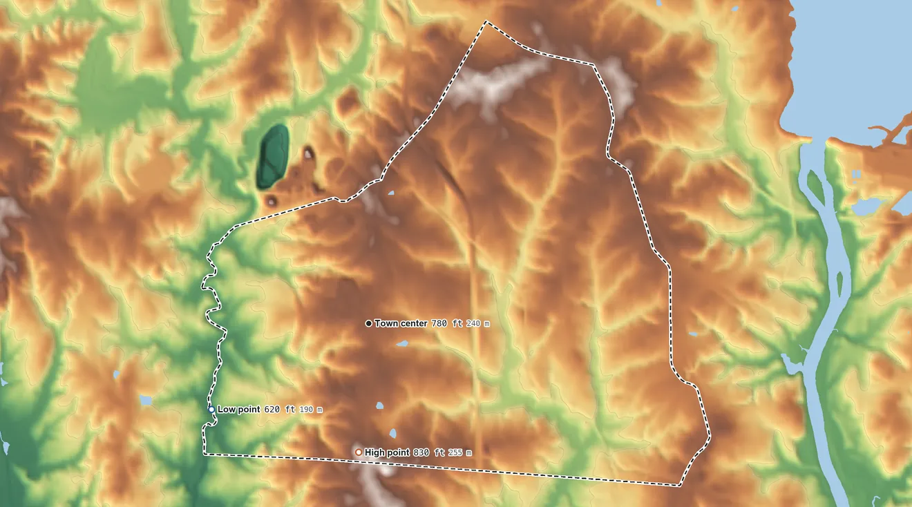 Topographic elevation map of Lowesville, North Carolina, shaded from 620 ft on the southwest side to 830 ft on the south side