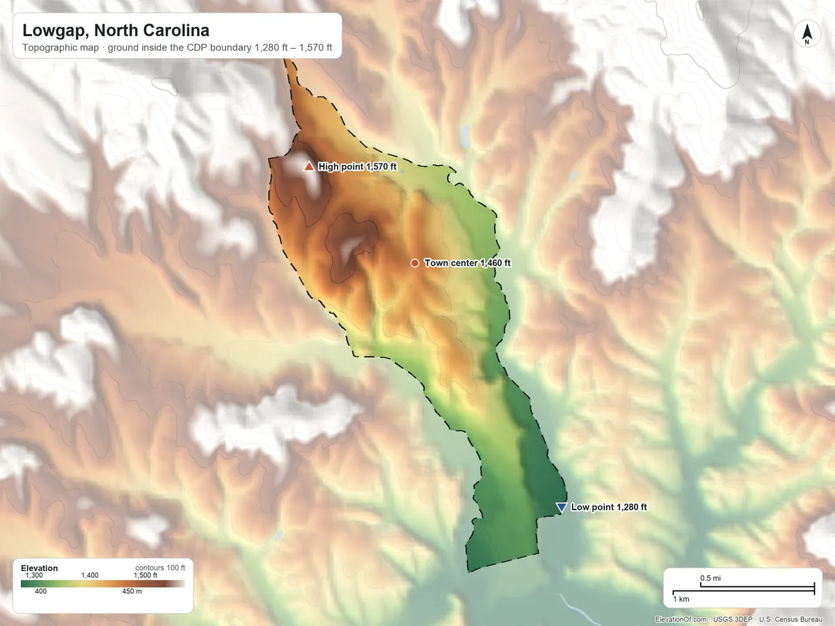 Topographic elevation map of Lowgap, North Carolina, shaded from 1,280 ft on the southeast side to 1,570 ft on the northwest edge, below higher ground just outside