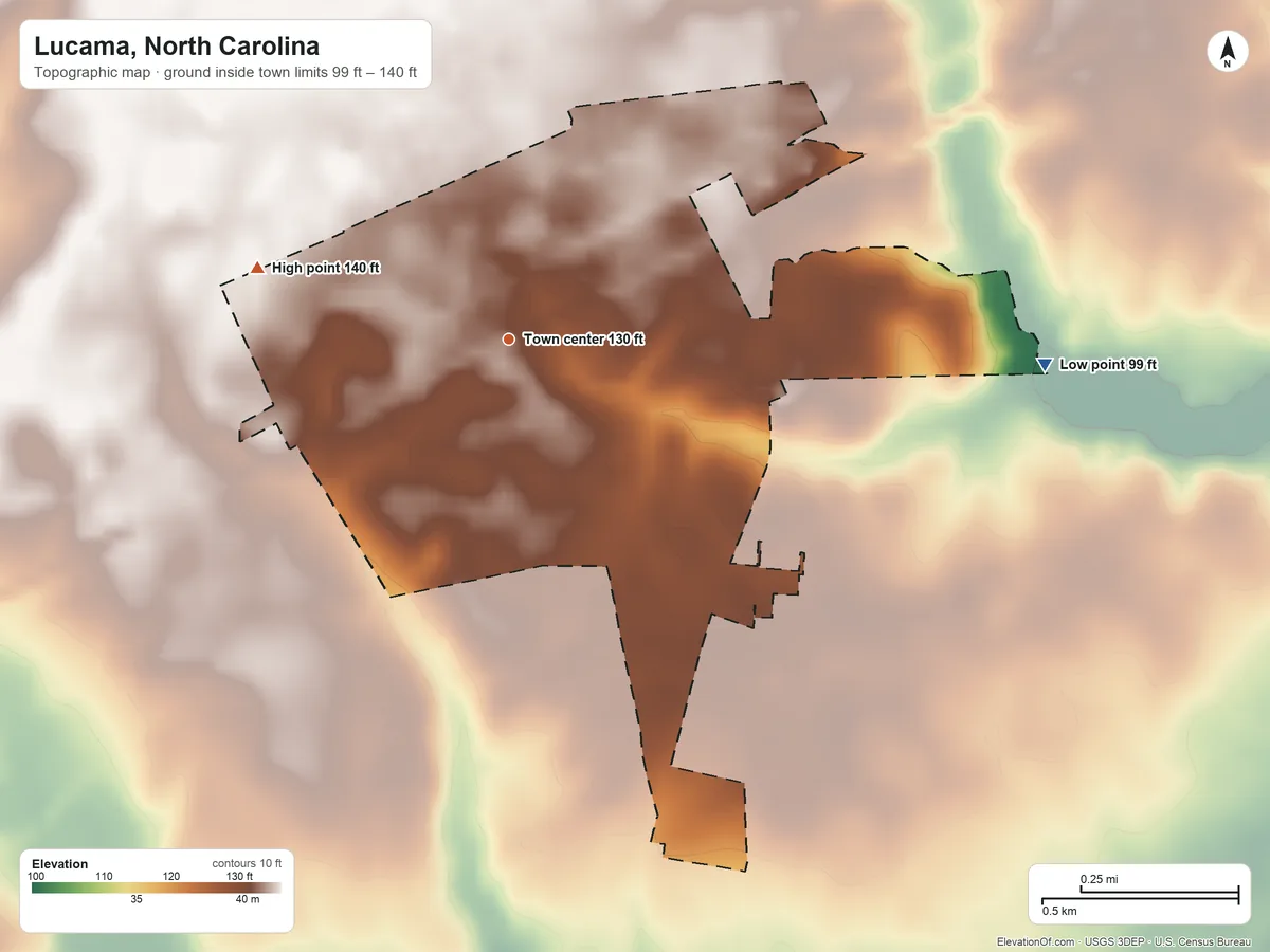 Topographic elevation map of Lucama, North Carolina, shaded from 99 ft on the east side to 140 ft on the west side