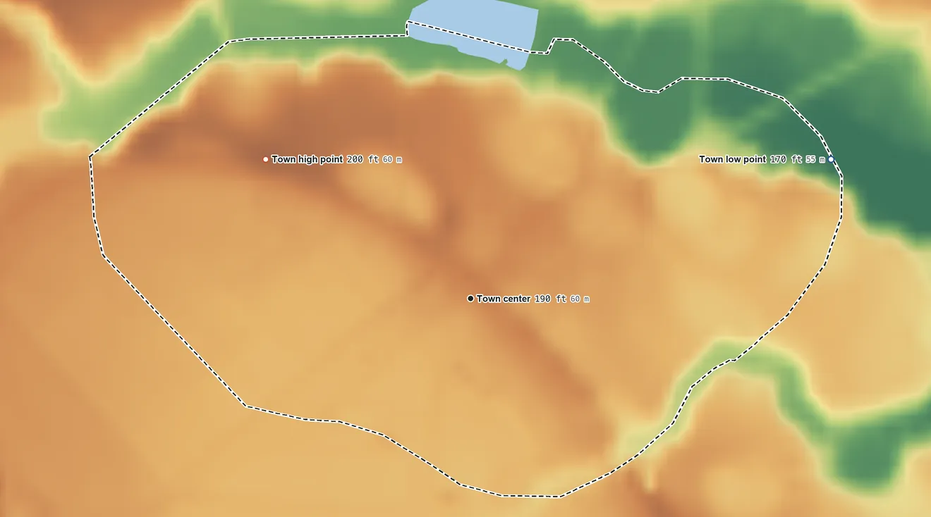 Topographic elevation map of Lumber Bridge, North Carolina, shaded from 170 ft on the east side to 200 ft on the northwest side