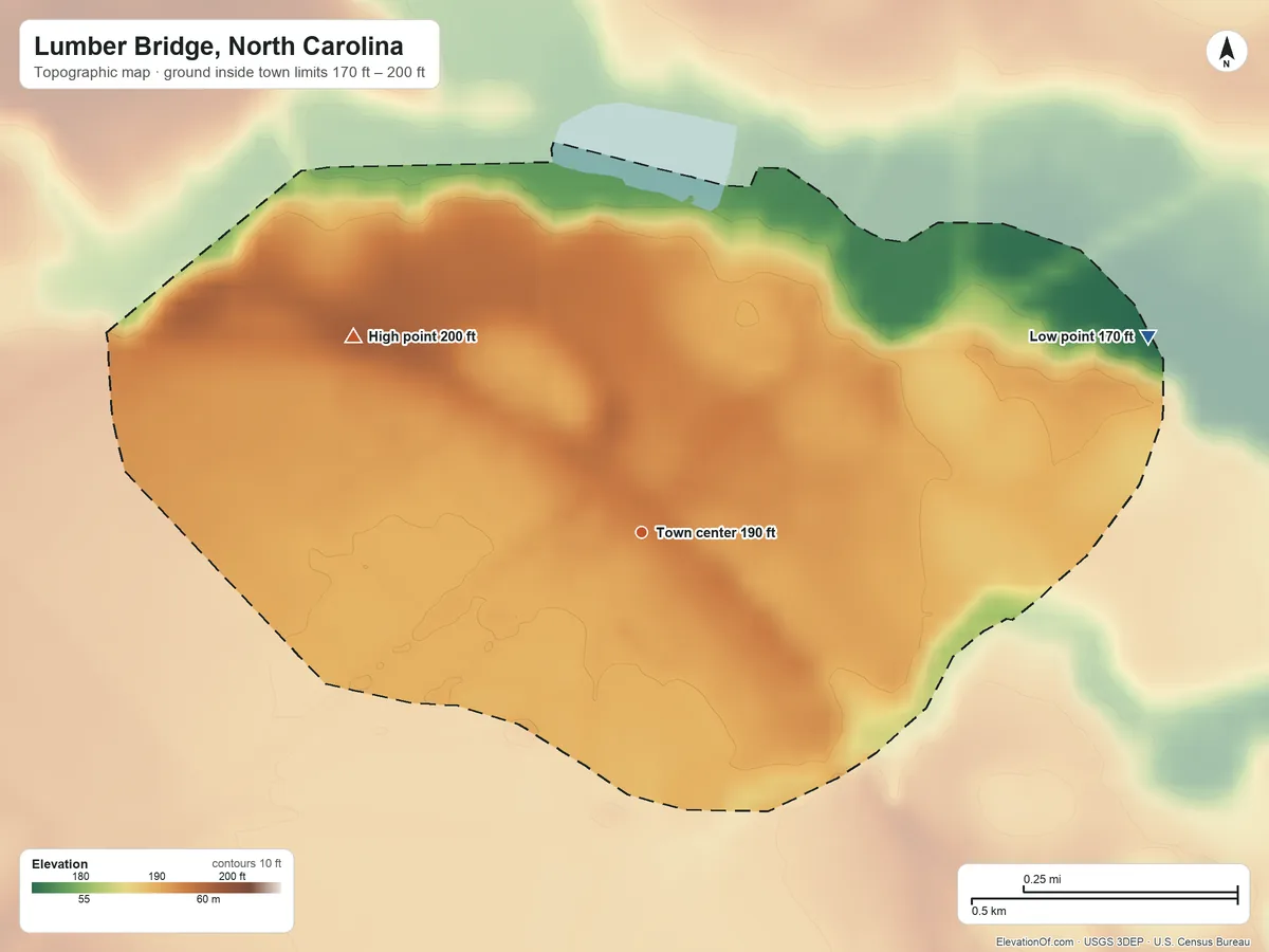 Topographic elevation map of Lumber Bridge, North Carolina, shaded from 170 ft on the east side to 200 ft on the northwest side