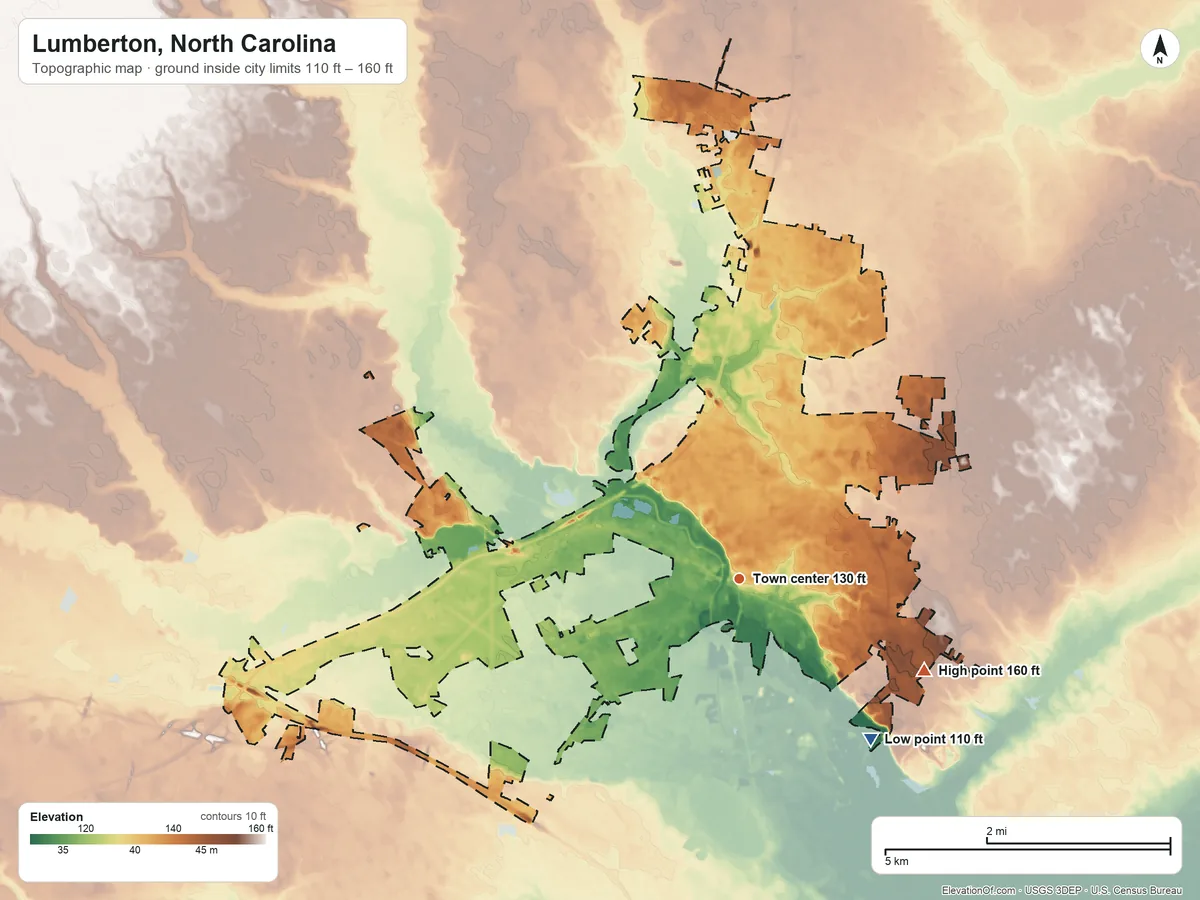 Topographic elevation map of Lumberton, North Carolina, shaded from 110 ft on the southeast side to 160 ft on the southeast side