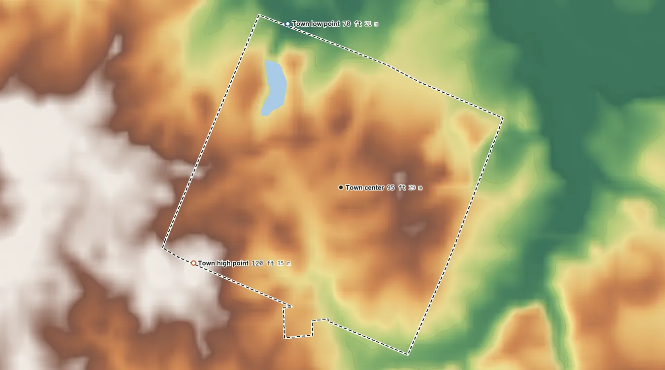 Topographic elevation map of Macclesfield, North Carolina, shaded from 70 ft on the north side to 120 ft on the southwest side