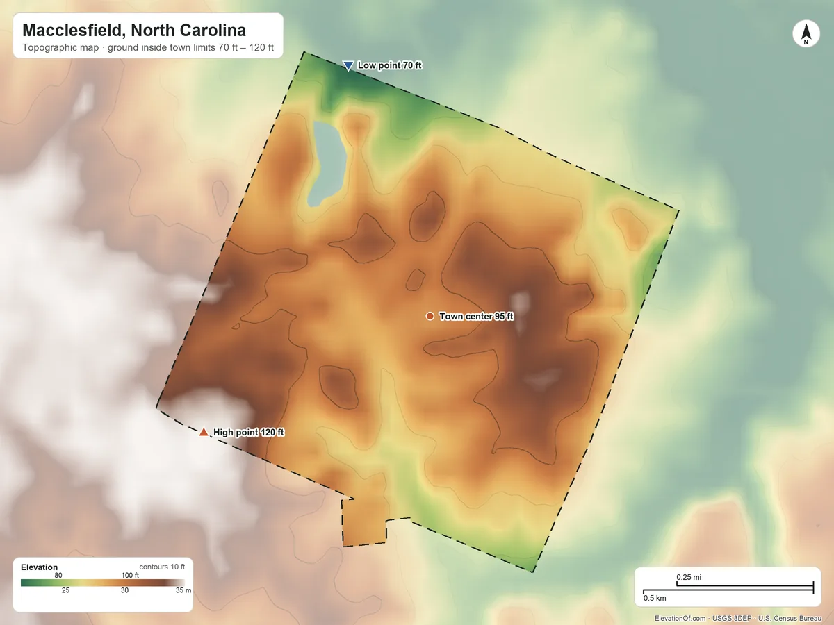 Topographic elevation map of Macclesfield, North Carolina, shaded from 70 ft on the north side to 120 ft on the southwest side