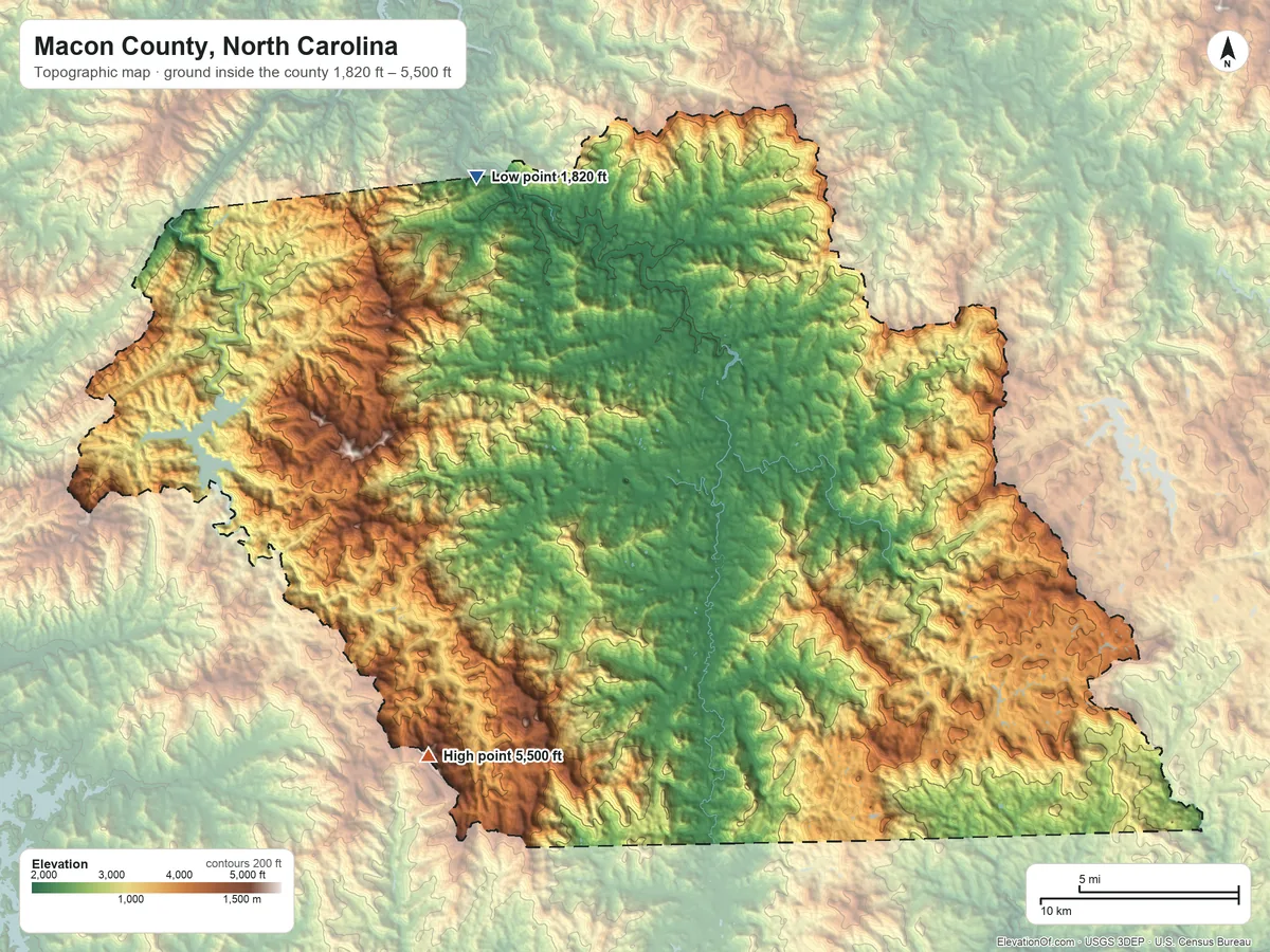 Topographic elevation map of Macon County, North Carolina, shaded from 1,820 ft on the northwest side to 5,500 ft on Deadening Knob