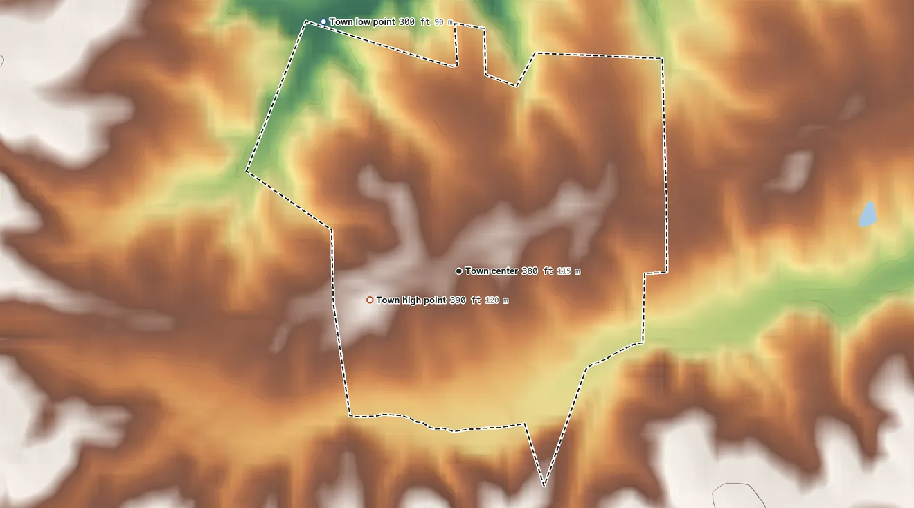 Topographic elevation map of Macon, North Carolina, shaded from 300 ft on the northwest side to 390 ft on the west side
