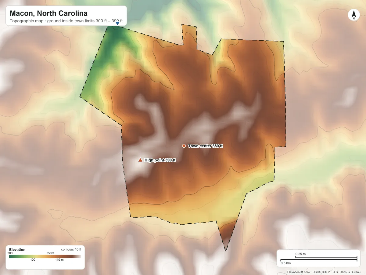 Topographic elevation map of Macon, North Carolina, shaded from 300 ft on the northwest side to 390 ft on the west side