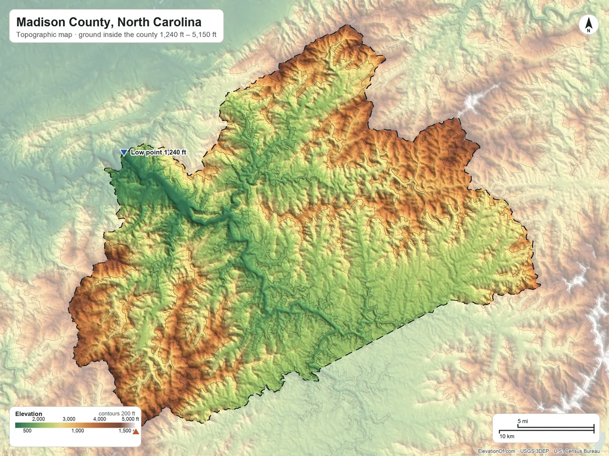 Topographic elevation map of Madison County, North Carolina, shaded from 1,240 ft on the northwest side to 5,150 ft on Sandymush Bald