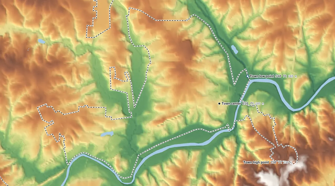 Topographic elevation map of Madison, North Carolina, shaded from 540 ft on the northeast side to 750 ft on the southeast side