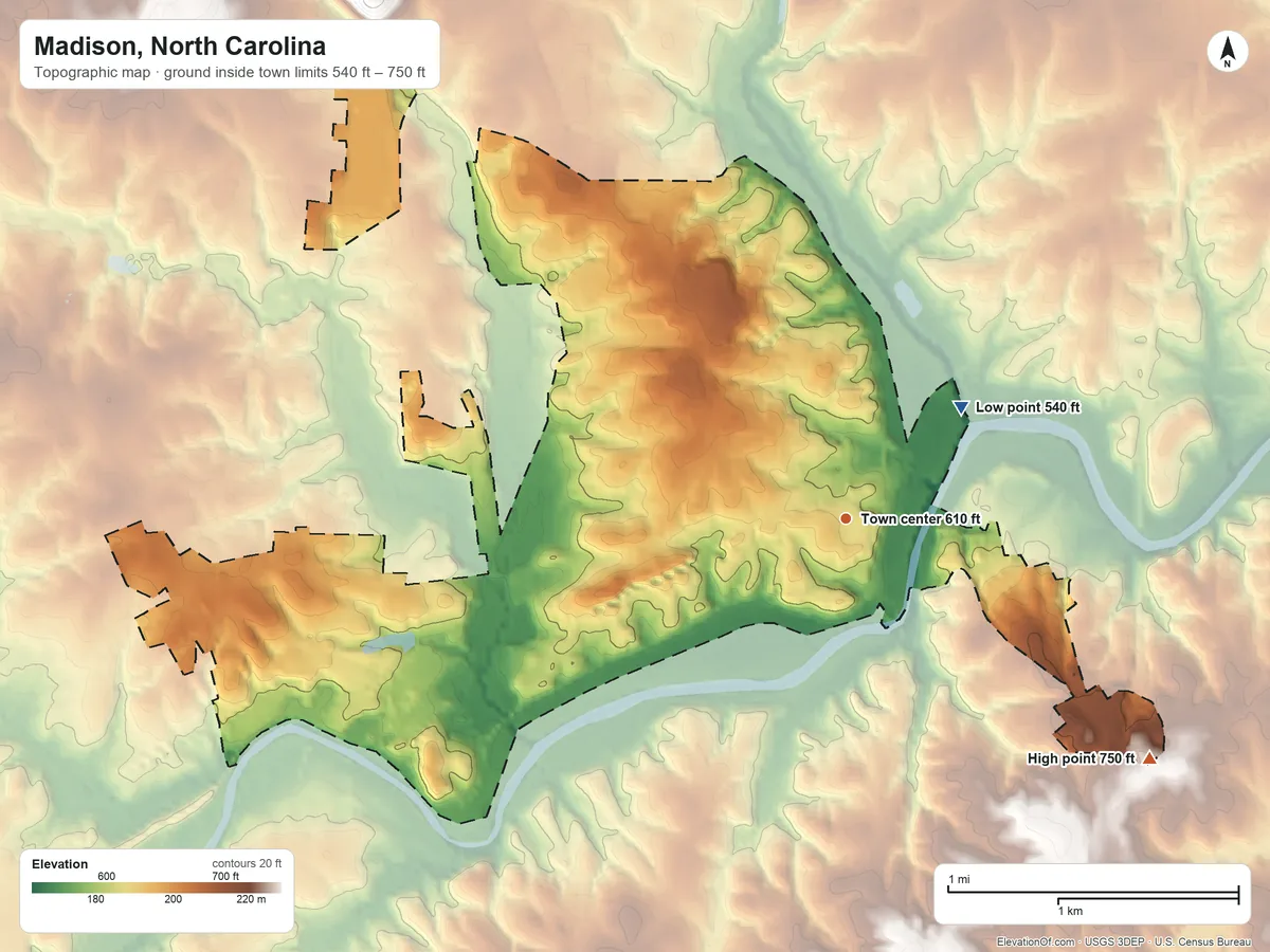 Topographic elevation map of Madison, North Carolina, shaded from 540 ft on the northeast side to 750 ft on the southeast side