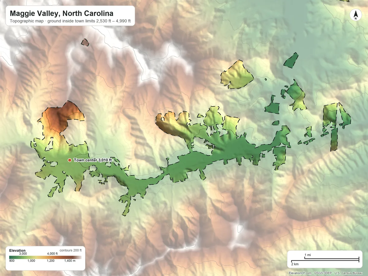 Topographic elevation map of Maggie Valley, North Carolina, shaded from 2,530 ft on the northeast side to 4,990 ft on the north edge, below higher ground just outside