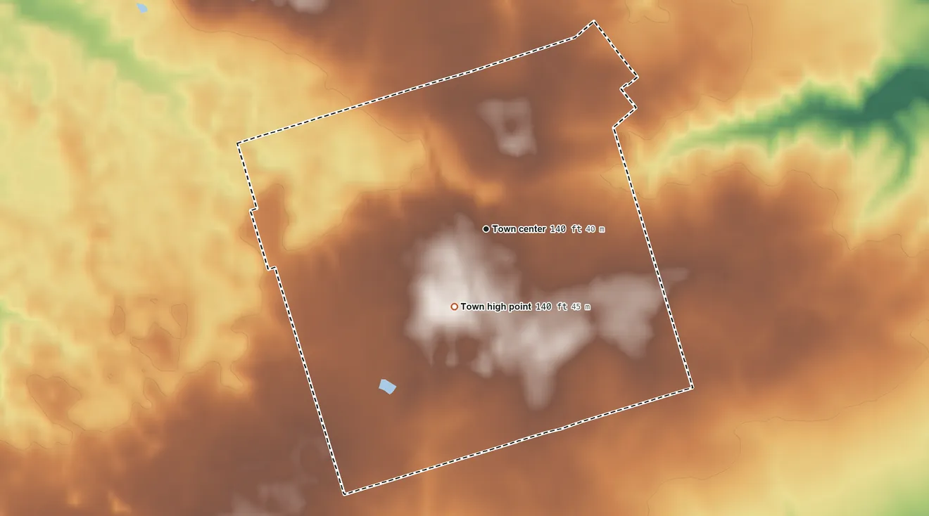 Topographic elevation map of Magnolia, North Carolina, shaded from 90 ft on the northeast side to 140 ft on the south side
