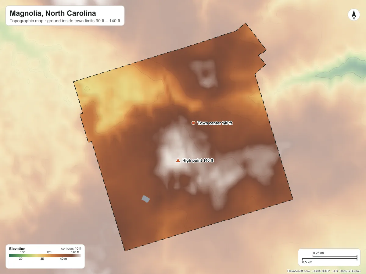 Topographic elevation map of Magnolia, North Carolina, shaded from 90 ft on the northeast side to 140 ft on the south side