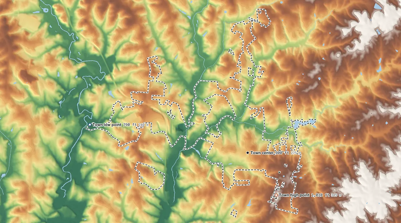 Topographic elevation map of Maiden, North Carolina, shaded from 790 ft on the west side to 1,010 ft on the southeast side