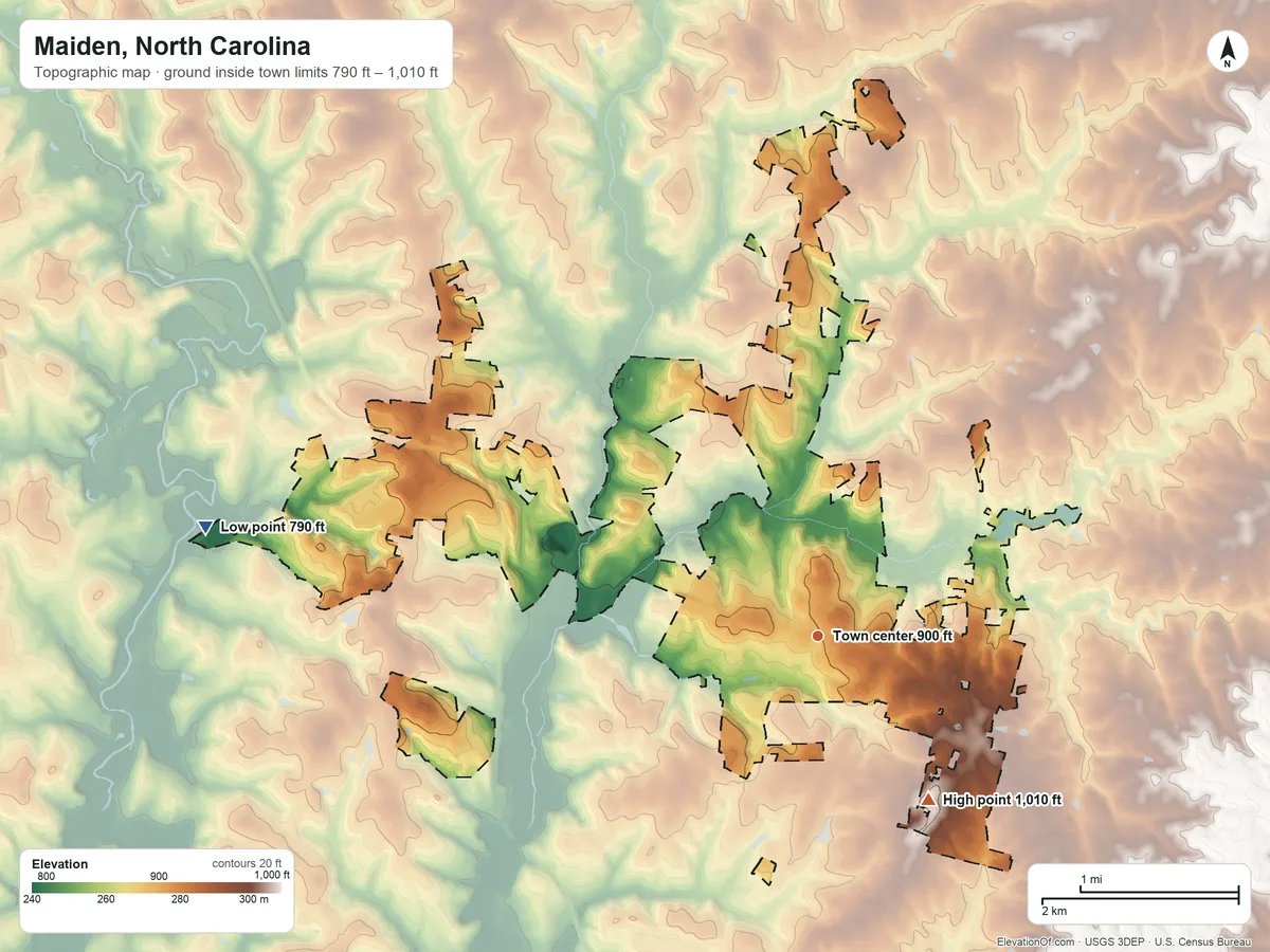 Topographic elevation map of Maiden, North Carolina, shaded from 790 ft on the west side to 1,010 ft on the southeast side
