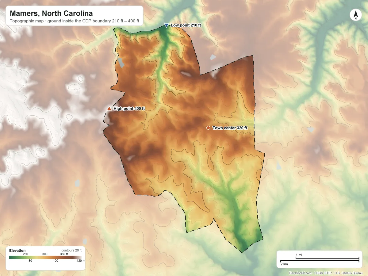 Topographic elevation map of Mamers, North Carolina, shaded from 210 ft on the north side to 400 ft on the west side