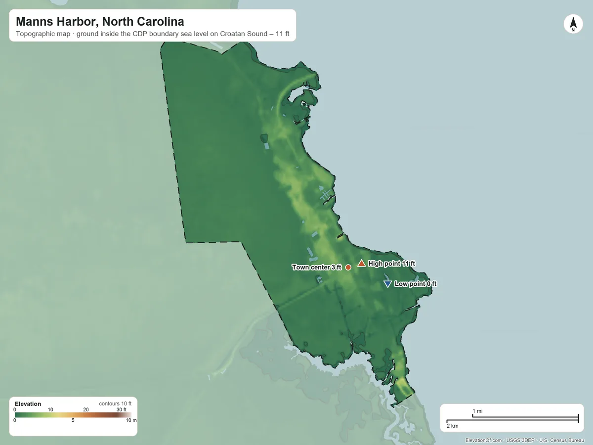 Topographic elevation map of Manns Harbor, North Carolina, shaded from sea level level on Croatan Sound to 11 ft near the middle
