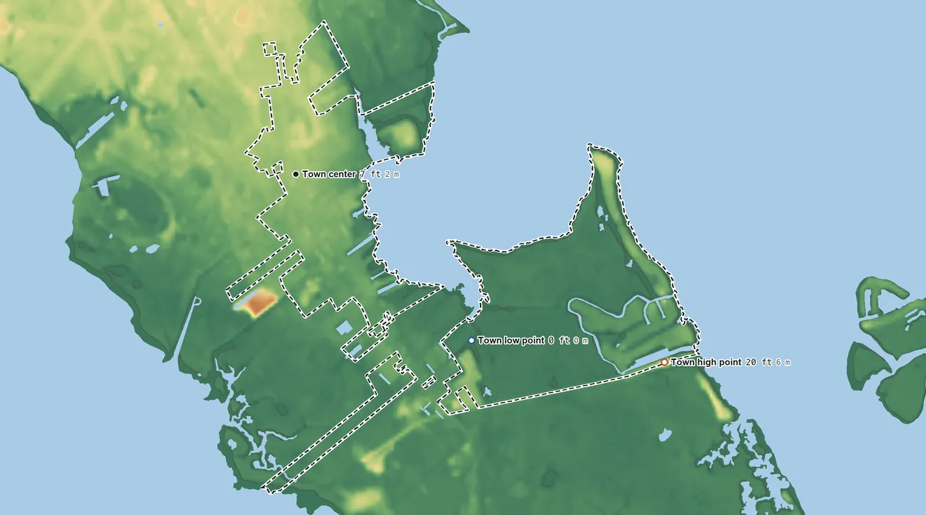 Topographic elevation map of Manteo, North Carolina, shaded from sea level level on Shallowbag Bay to 20 ft on the southeast side