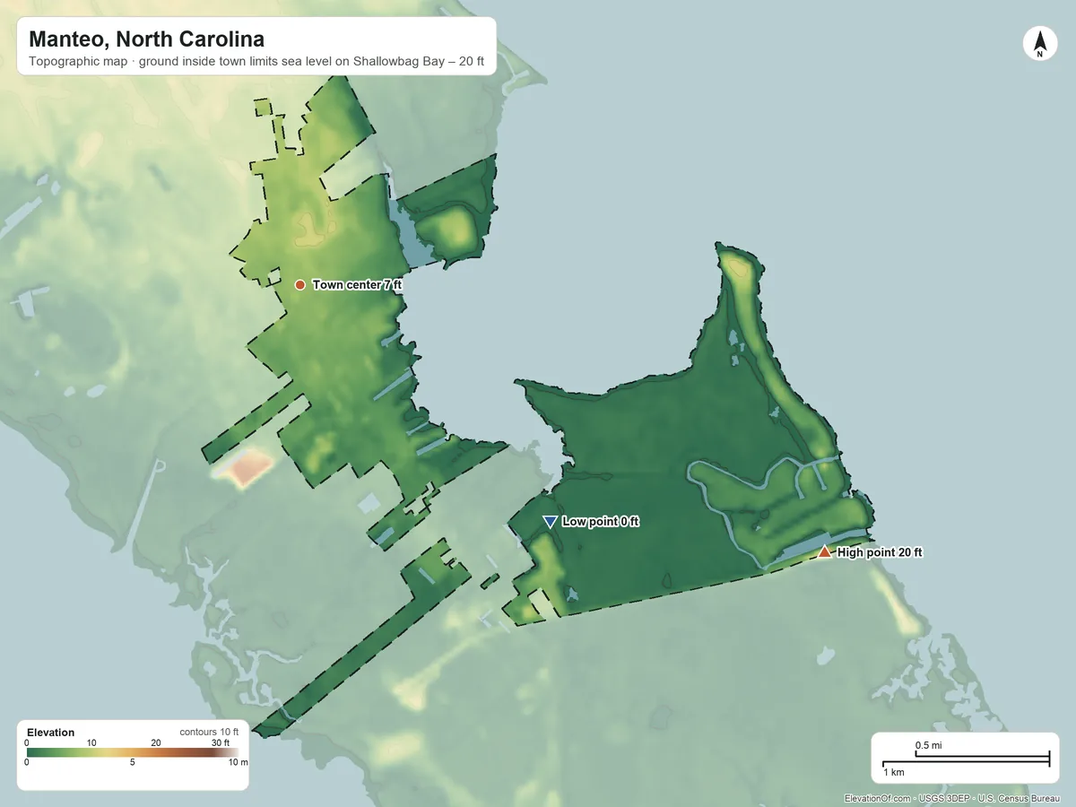 Topographic elevation map of Manteo, North Carolina, shaded from sea level level on Shallowbag Bay to 20 ft on the southeast side