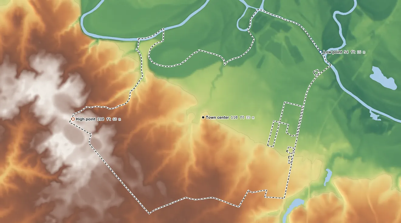 Topographic elevation map of Mar-Mac, North Carolina, shaded from 54 ft on the northeast side to 190 ft on the west side