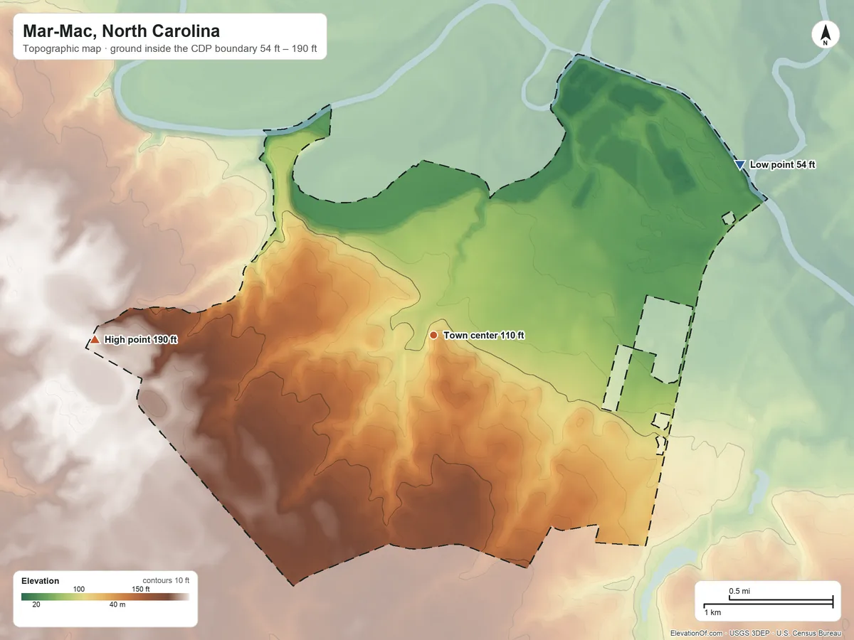 Topographic elevation map of Mar-Mac, North Carolina, shaded from 54 ft on the northeast side to 190 ft on the west side