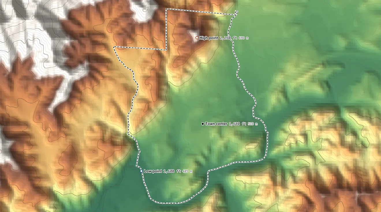 Topographic elevation map of Marble, North Carolina, shaded from 1,600 ft on the southwest side to 2,260 ft at the foot of the Unicoi Mountains