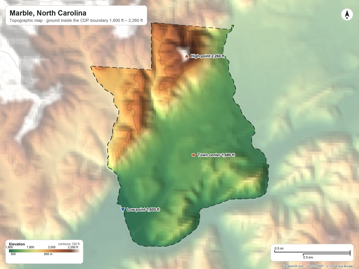 Topographic elevation map of Marble, North Carolina, shaded from 1,600 ft on the southwest side to 2,260 ft at the foot of the Unicoi Mountains