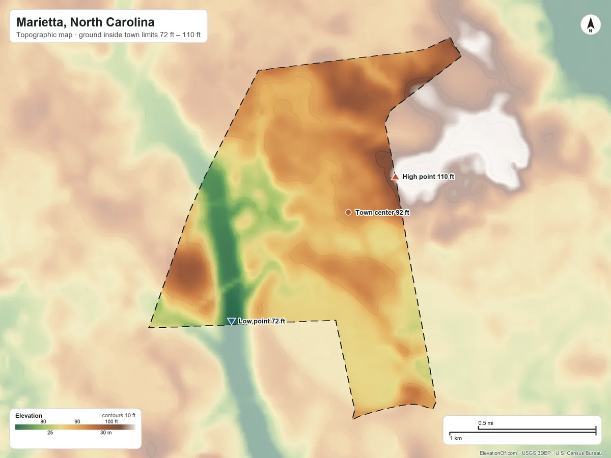 Topographic elevation map of Marietta, North Carolina, shaded from 72 ft on the southwest side to 110 ft on the northeast side