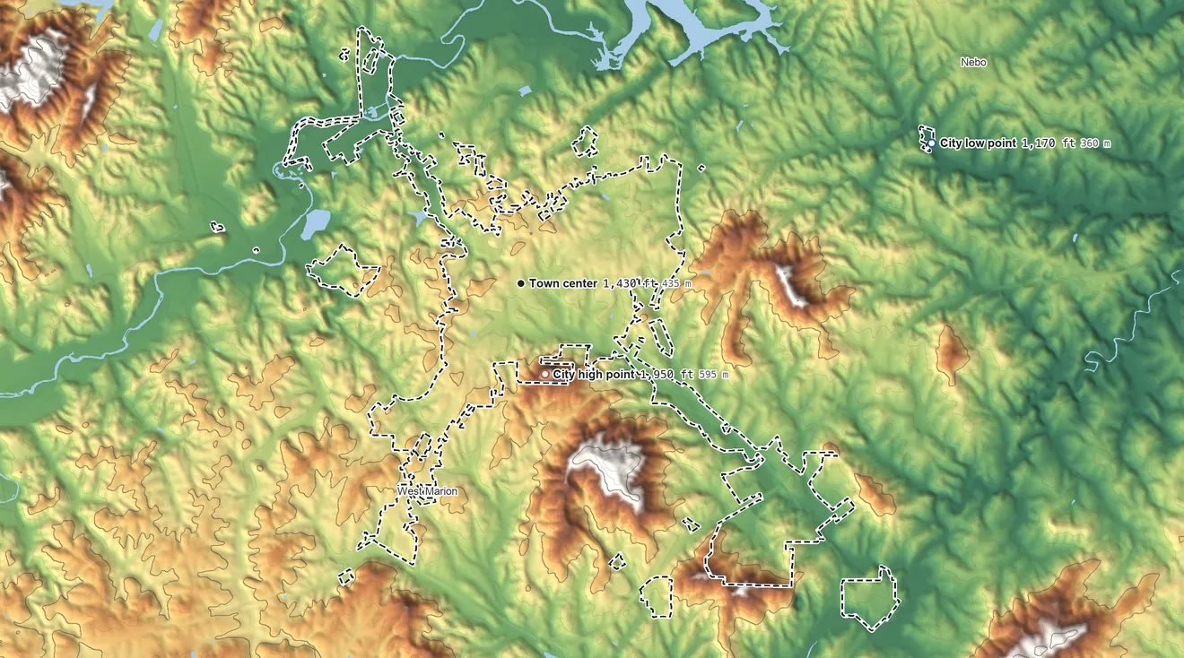 Topographic elevation map of Marion, North Carolina, shaded from 1,170 ft on the east side to 1,950 ft at the foot of the Habersham Mountains