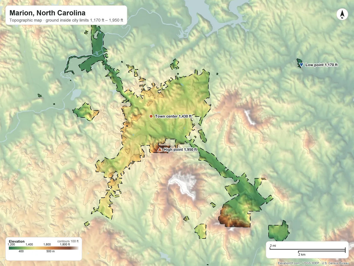 Topographic elevation map of Marion, North Carolina, shaded from 1,170 ft on the east side to 1,950 ft at the foot of the Habersham Mountains