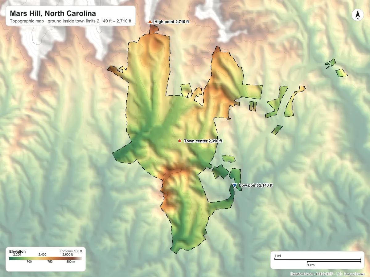 Topographic elevation map of Mars Hill, North Carolina, shaded from 2,140 ft on the southeast side to 2,710 ft at the foot of the Walnut Mountains