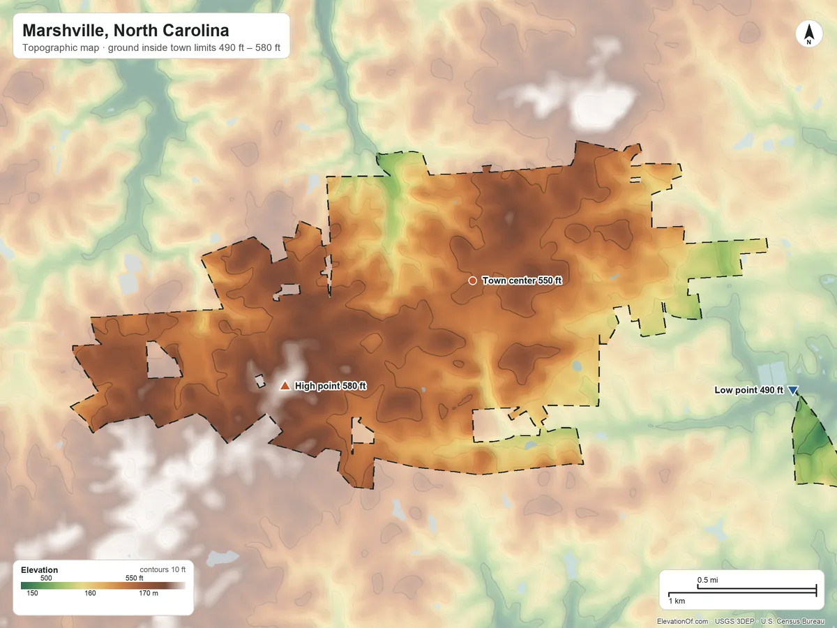 Topographic elevation map of Marshville, North Carolina, shaded from 490 ft on the east side to 580 ft on the southwest side
