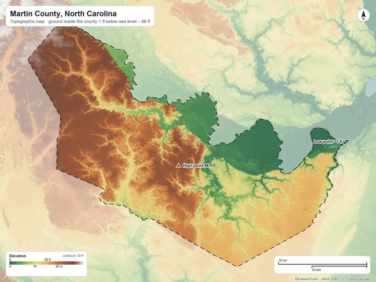 Topographic elevation map of Martin County, North Carolina, shaded from 1 ft below sea level on the east side to 98 ft near the middle