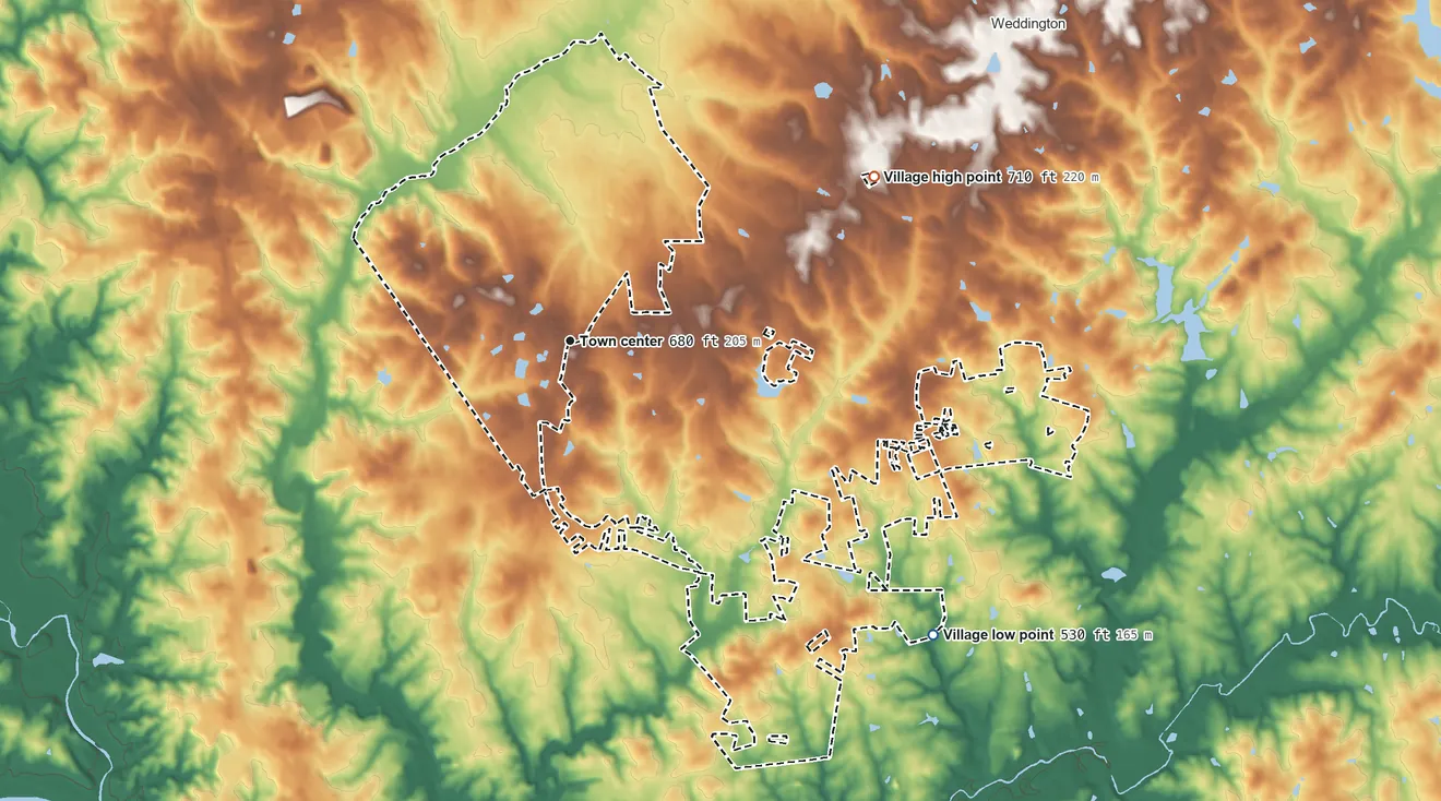 Topographic elevation map of Marvin, North Carolina, shaded from 530 ft on the southeast side to 710 ft on the northeast side