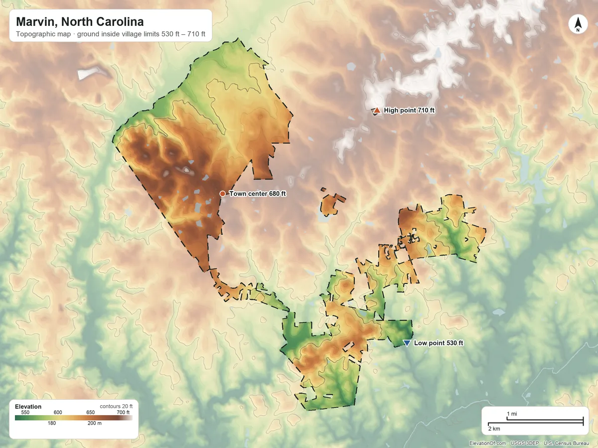 Topographic elevation map of Marvin, North Carolina, shaded from 530 ft on the southeast side to 710 ft on the northeast side