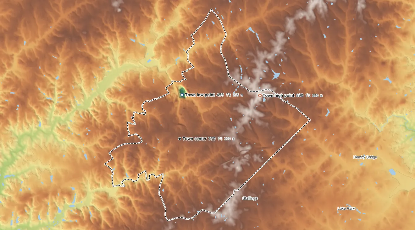 Topographic elevation map of Matthews, North Carolina, shaded from 450 ft on the north side to 800 ft on the northeast side