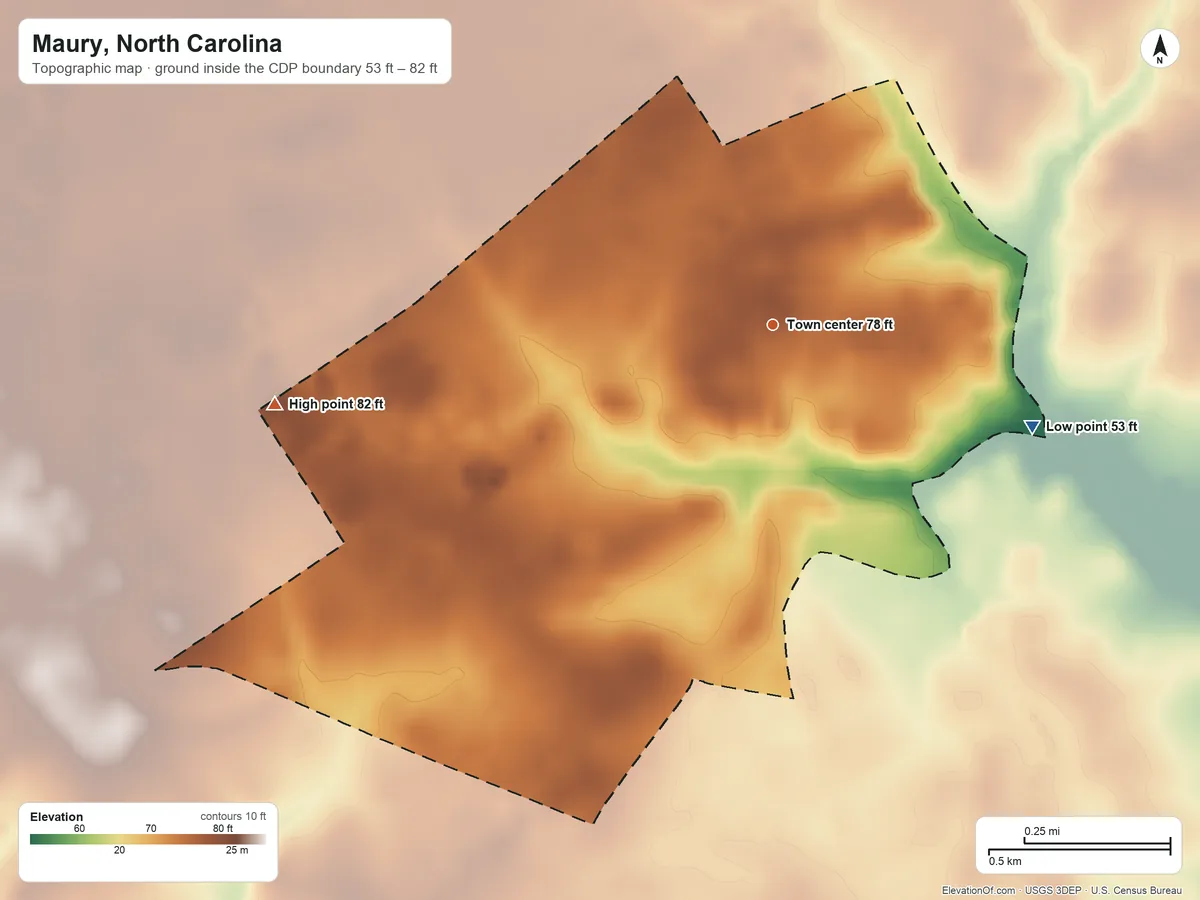 Topographic elevation map of Maury, North Carolina, shaded from 53 ft on the east side to 82 ft on the west side