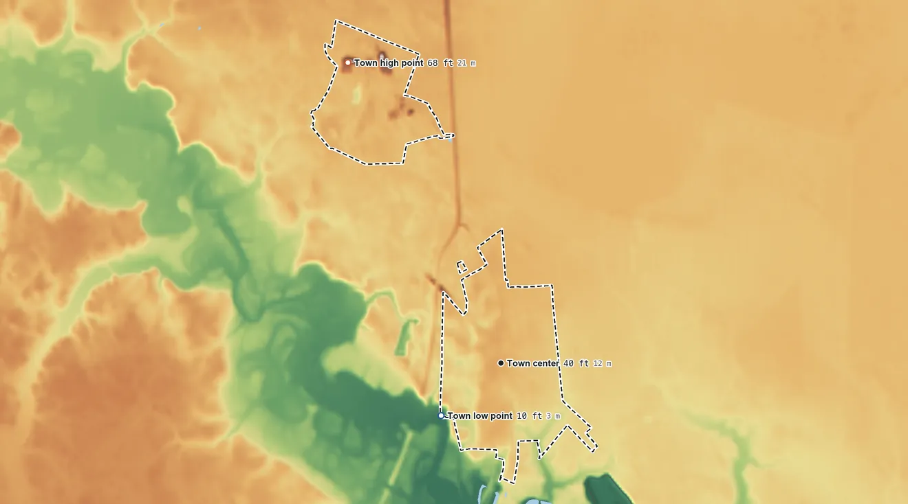 Topographic elevation map of Maysville, North Carolina, shaded from 10 ft on the southwest side to 68 ft on the northwest side