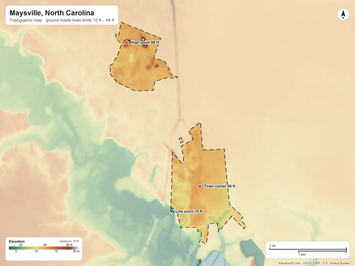 Topographic elevation map of Maysville, North Carolina, shaded from 10 ft on the southwest side to 68 ft on the northwest side