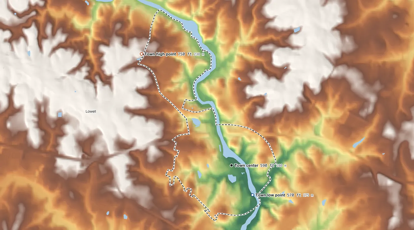 Topographic elevation map of McAdenville, North Carolina, shaded from 570 ft on the southeast side to 750 ft on the northwest edge, below higher ground just outside