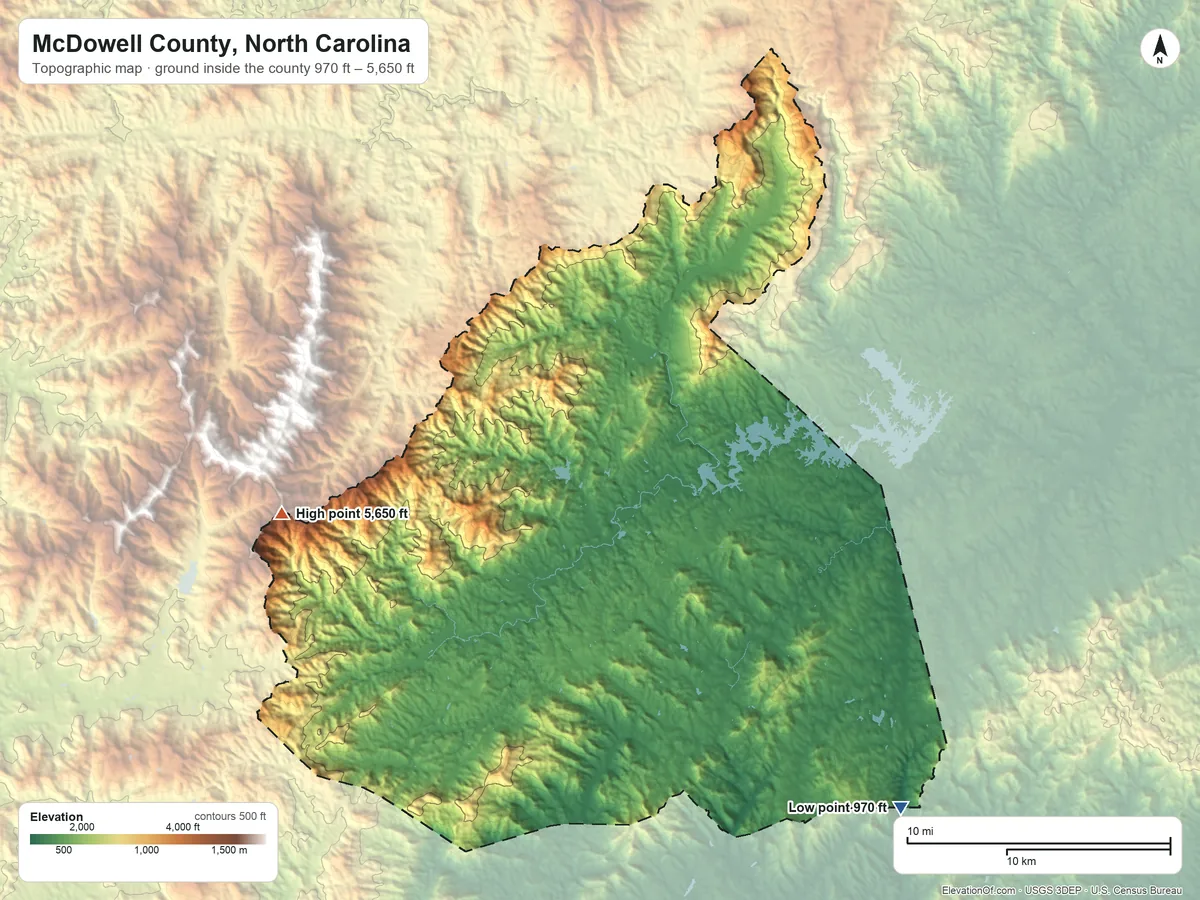 Topographic elevation map of McDowell County, North Carolina, shaded from 970 ft on the southeast side to 5,650 ft on Pinnacle