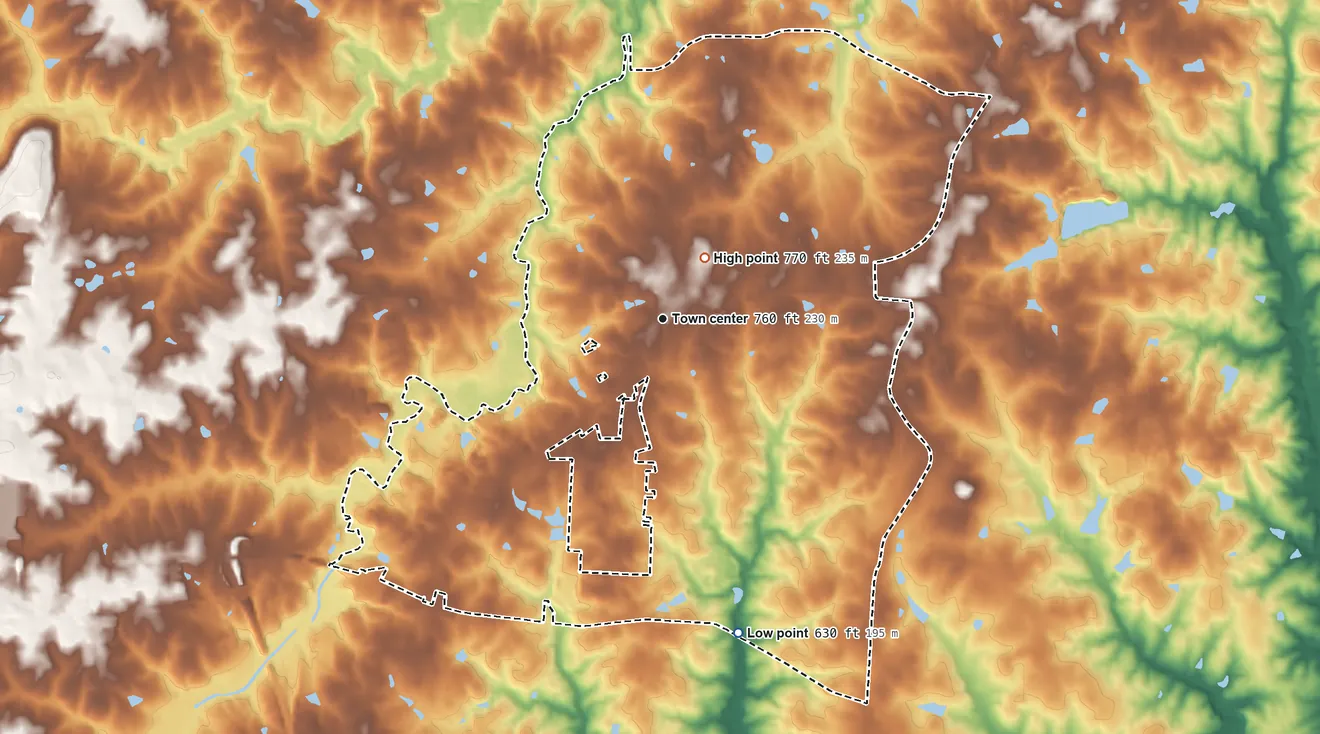Topographic elevation map of McLeansville, North Carolina, shaded from 630 ft on the south side to 770 ft near the middle