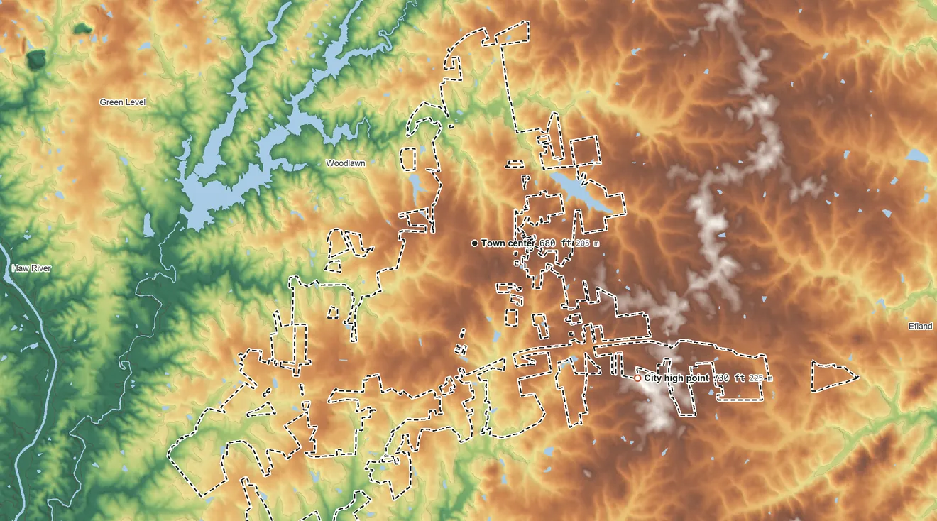 Topographic elevation map of Mebane, North Carolina, shaded from 530 ft on the southwest side to 730 ft on the southeast side