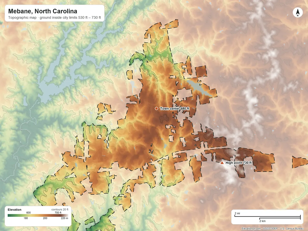 Topographic elevation map of Mebane, North Carolina, shaded from 530 ft on the southwest side to 730 ft on the southeast side
