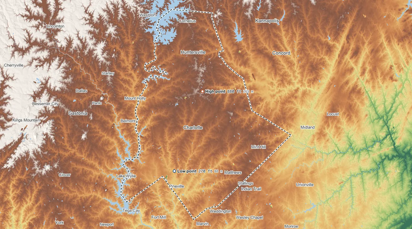 Topographic elevation map of Mecklenburg County, North Carolina, shaded from 270 ft on the southwest side to 880 ft near the middle