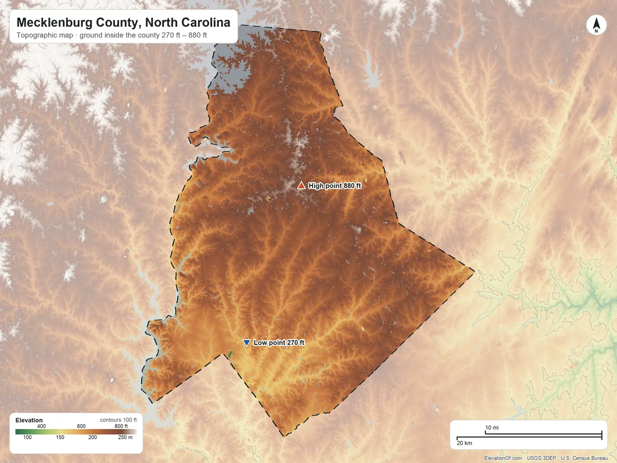 Topographic elevation map of Mecklenburg County, North Carolina, shaded from 270 ft on the southwest side to 880 ft near the middle