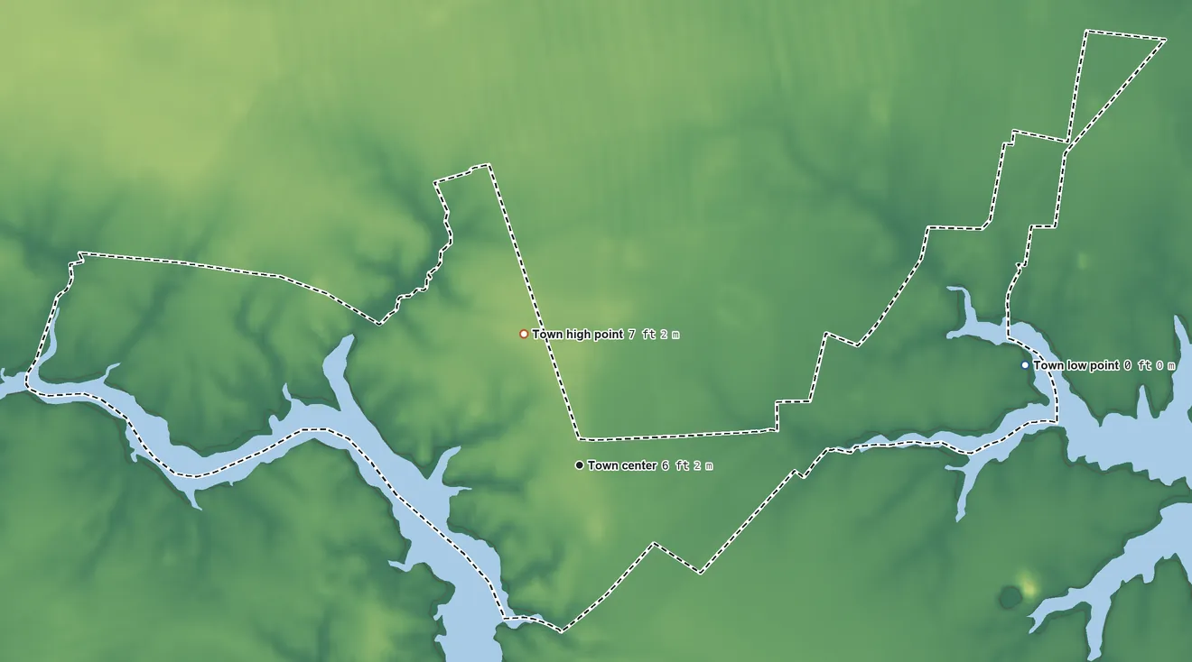 Topographic elevation map of Mesic, North Carolina, shaded from 0 ft on the east side to 7 ft on the northwest side